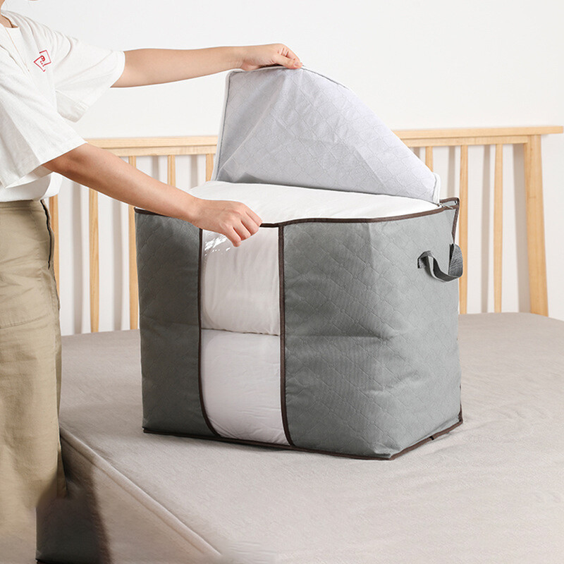 1 vnt Pilkos spalvos neaustinio audinio drabužiai, medvilninis antklodės laikymo krepšys, drėgmei atspari namų saugykla, storas bagažo pakavimo krepšys