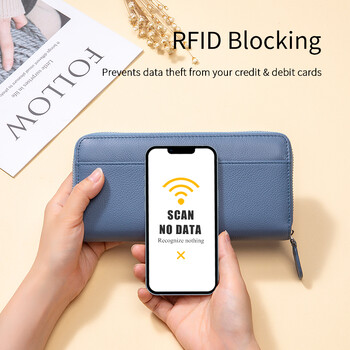 Дамски портфейл с дълъг цип от естествена кожа, блокиращ RFID Модни дамски портфейли с държач на кредитна карта с голям капацитет