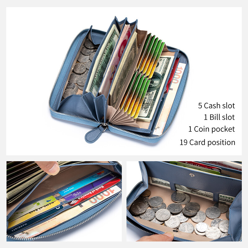 Portofel lung cu fermoar pentru femei, piele naturală, cu blocare RFID, portofele pentru femei de capacitate mare, cu suport pentru carduri de credit