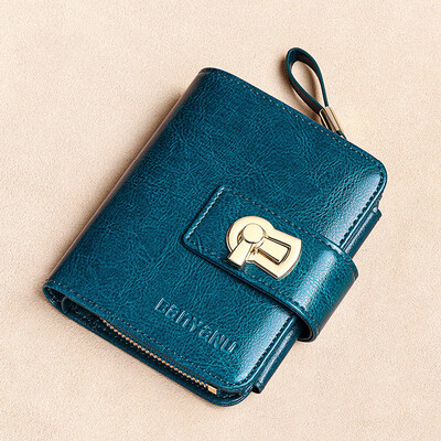 Sieviešu īstas ādas īss maciņš trīs salokāms RFID bloķējošs ID karšu turētājs rāvējslēdzēja monētu somiņa Lielas ietilpības mazi sieviešu maki