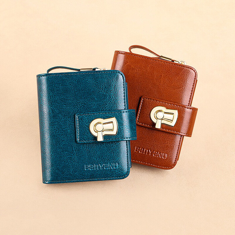 Sieviešu īstas ādas īss maciņš trīs salokāms RFID bloķējošs ID karšu turētājs rāvējslēdzēja monētu somiņa Lielas ietilpības mazi sieviešu maki