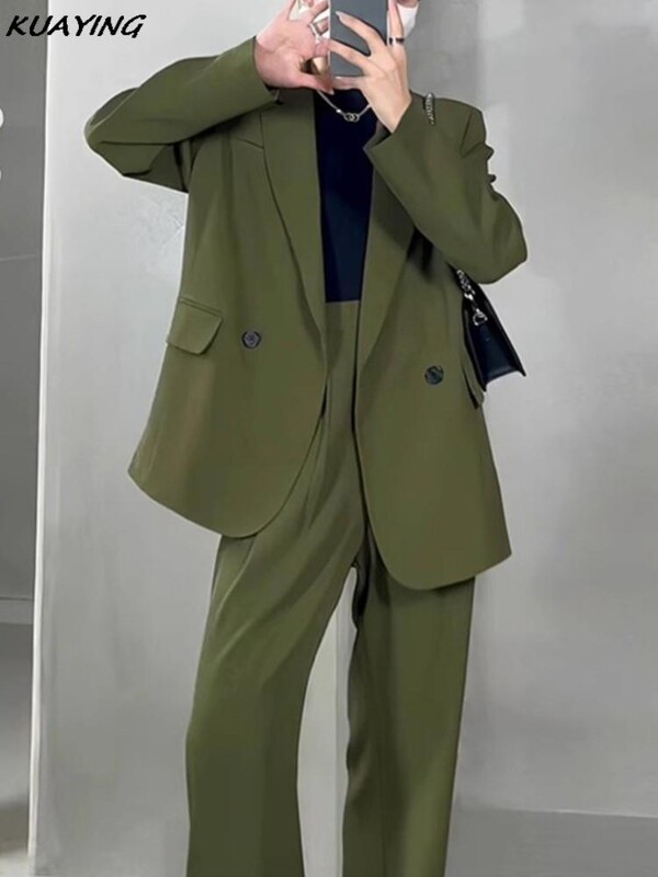 Ženski zeleni blejzer odijelo s hlačama Korejski modni vintage široki komplet hlača od 2 komada Ženske poslovne ležerne hlače Jesenska odjeća Novo