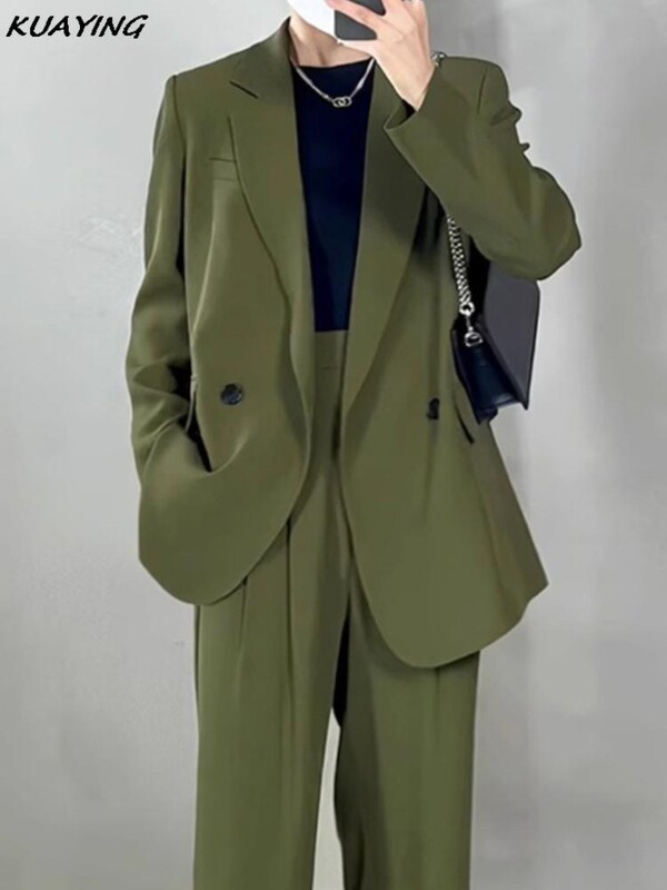Ženski zeleni blejzer odijelo s hlačama Korejski modni vintage široki komplet hlača od 2 komada Ženske poslovne ležerne hlače Jesenska odjeća Novo
