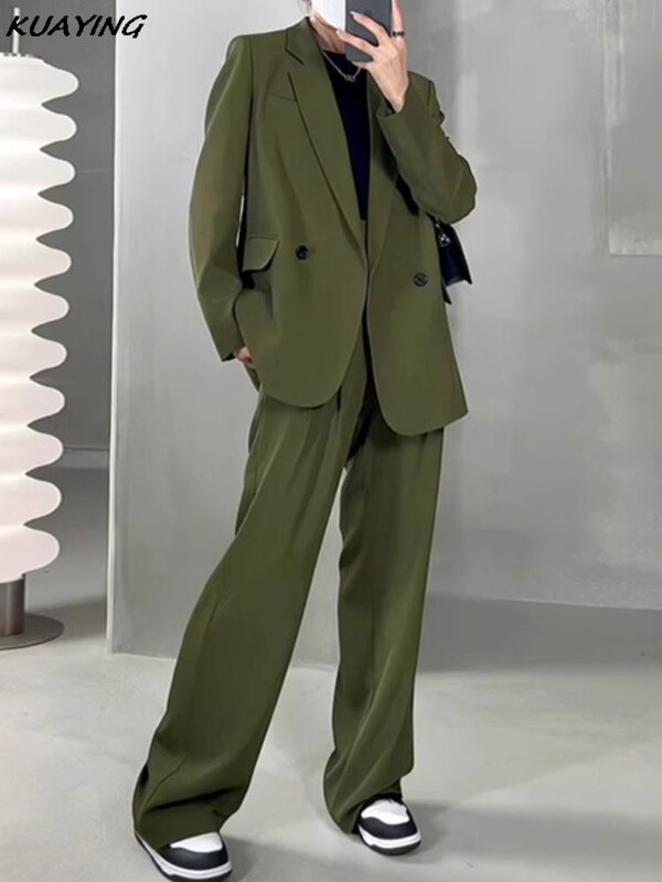 Ženski zeleni blejzer odijelo s hlačama Korejski modni vintage široki komplet hlača od 2 komada Ženske poslovne ležerne hlače Jesenska odjeća Novo