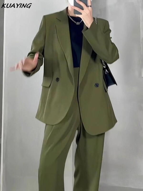 Ženski zeleni blejzer odijelo s hlačama Korejski modni vintage široki komplet hlača od 2 komada Ženske poslovne ležerne hlače Jesenska odjeća Novo