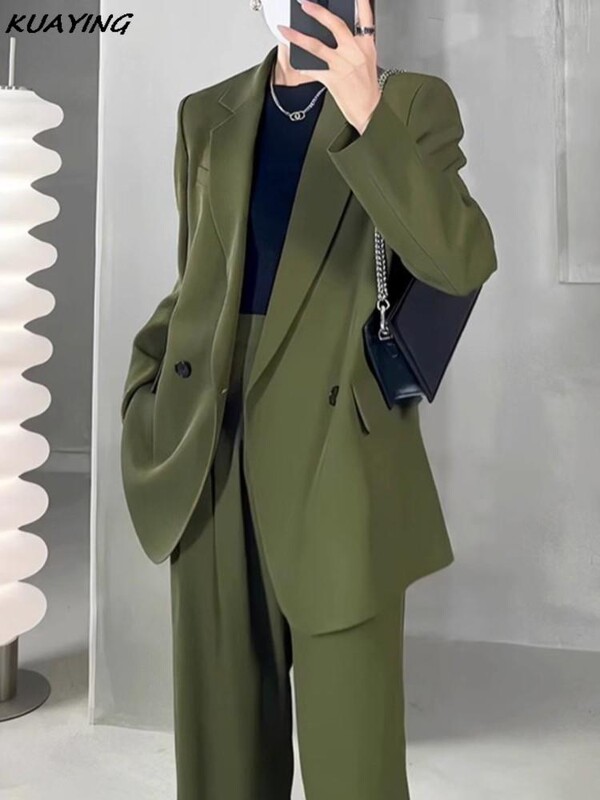 Ženski zeleni blejzer odijelo s hlačama Korejski modni vintage široki komplet hlača od 2 komada Ženske poslovne ležerne hlače Jesenska odjeća Novo