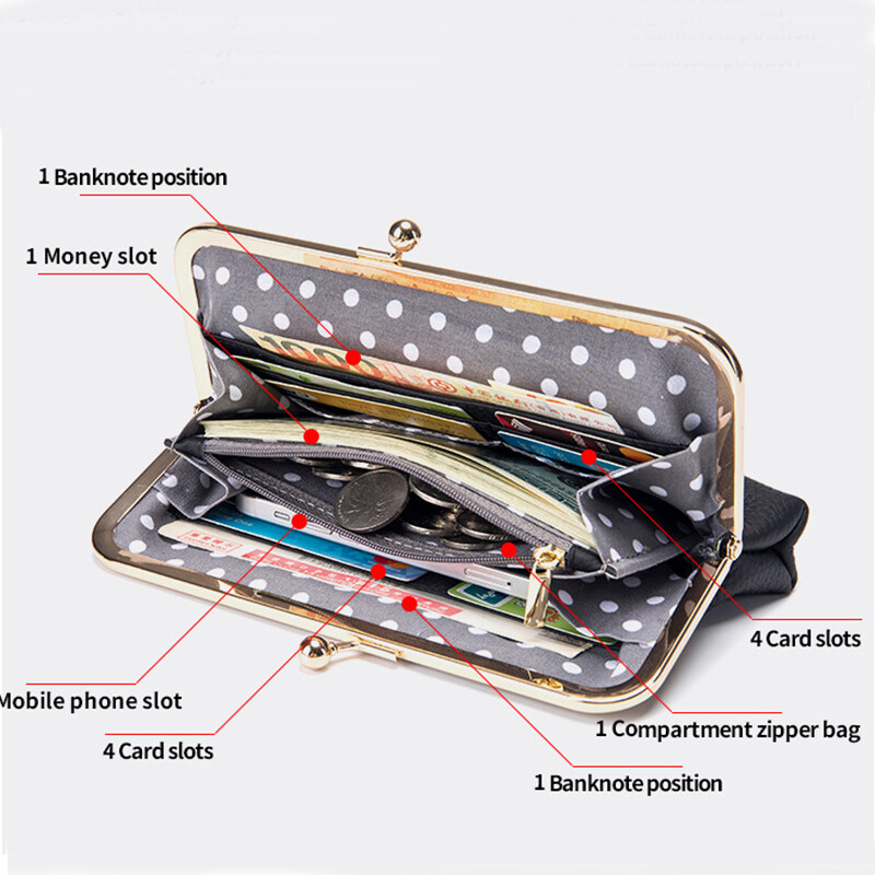 Večernja spojka Kiss Lock Closing Duge torbice za žene Veliki novčanik od prave kože s unutarnjim džepom na patentni zatvarač i otvorima za kartice