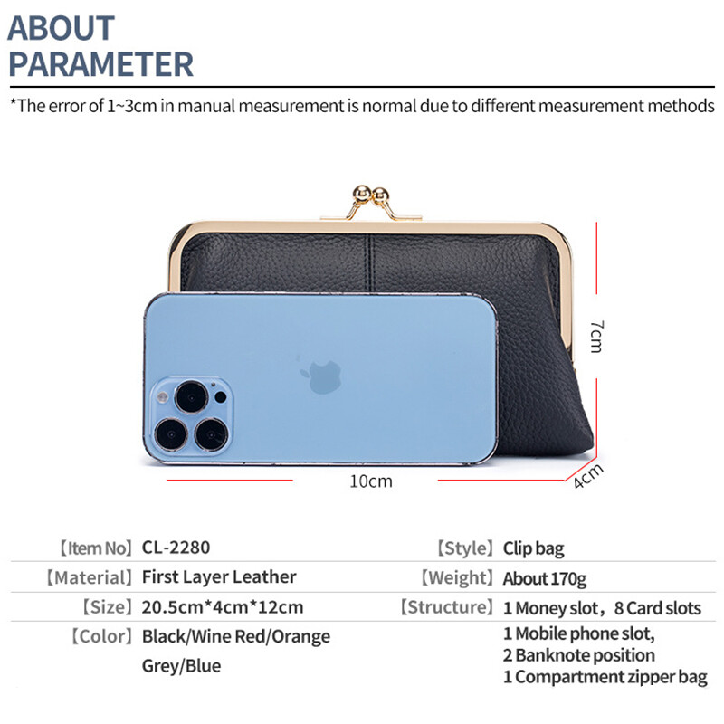 Večernja spojka Kiss Lock Closing Duge torbice za žene Veliki novčanik od prave kože s unutarnjim džepom na patentni zatvarač i otvorima za kartice