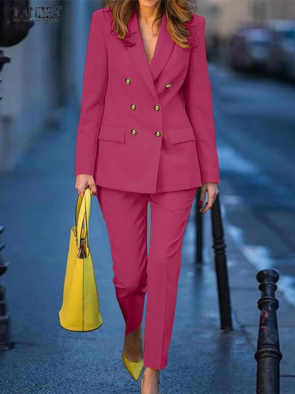ZANZEA sievietēm Eleganti rudens žakešu kostīmi OL darba bikšu komplekti 2 gab. Modes vienkrāsaini bikškostīmi biroja sieviešu sporta tērpi