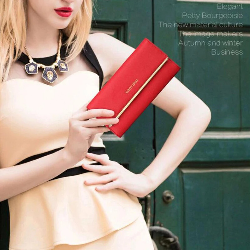 Dugački novčanici od prave kože za žene, trostruki držač za kartice velikog kapaciteta, ženska torbica s patentnim zatvaračem, torbica s kopčom, crveni novčanik s spojkom