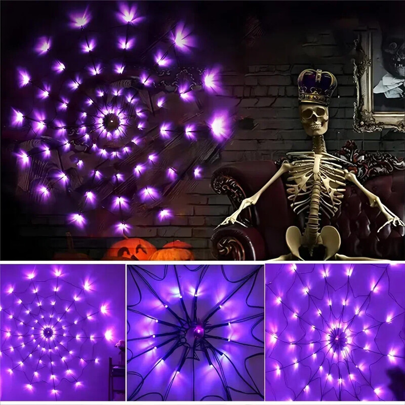Decorări de Halloween Pânză de păianjen 70 LED-uri în aer liber, impermeabile, funcționează cu baterii, pentru decorarea interioară a festivalului de Halloween
