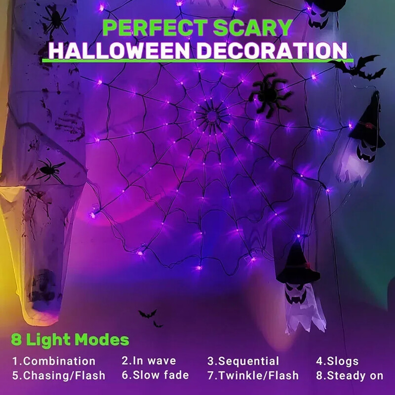 Decorări de Halloween Pânză de păianjen 70 LED-uri în aer liber, impermeabile, funcționează cu baterii, pentru decorarea interioară a festivalului de Halloween