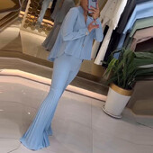 Top bluza s V-izrezom i dugim rukavima za gradsku vožnju + odjeća s širokim hlačama Elegantno jednobojno uredsko odijelo Novi jesenski ženski široki dvodijelni komplet