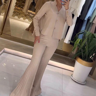 Top bluza s V-izrezom i dugim rukavima za gradsku vožnju + odjeća s širokim hlačama Elegantno jednobojno uredsko odijelo Novi jesenski ženski široki dvodijelni komplet