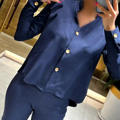 Top bluza s V-izrezom i dugim rukavima za gradsku vožnju + odjeća s širokim hlačama Elegantno jednobojno uredsko odijelo Novi jesenski ženski široki dvodijelni komplet