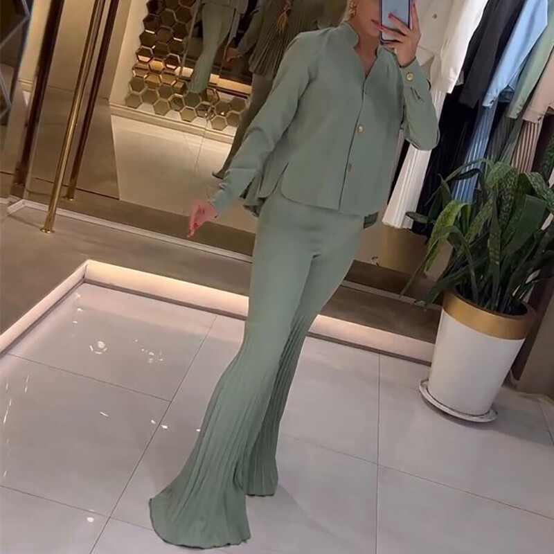 Top bluza s V-izrezom i dugim rukavima za gradsku vožnju + odjeća s širokim hlačama Elegantno jednobojno uredsko odijelo Novi jesenski ženski široki dvodijelni komplet