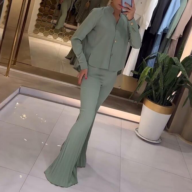 Top bluza s V-izrezom i dugim rukavima za gradsku vožnju + odjeća s širokim hlačama Elegantno jednobojno uredsko odijelo Novi jesenski ženski široki dvodijelni komplet