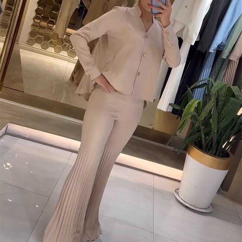 Top bluza s V-izrezom i dugim rukavima za gradsku vožnju + odjeća s širokim hlačama Elegantno jednobojno uredsko odijelo Novi jesenski ženski široki dvodijelni komplet