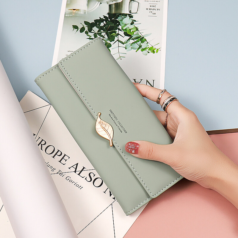 Suvine uus võrkpunane naiste pikk rahakott Jaapani ja Lõuna-Korea väike värske isikupära riistvara lehtpandlaga käekott 3 korda pikk wa