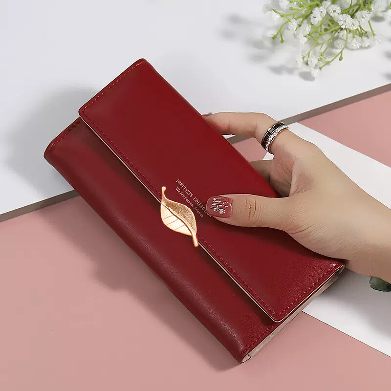 Suvine uus võrkpunane naiste pikk rahakott Jaapani ja Lõuna-Korea väike värske isikupära riistvara lehtpandlaga käekott 3 korda pikk wa