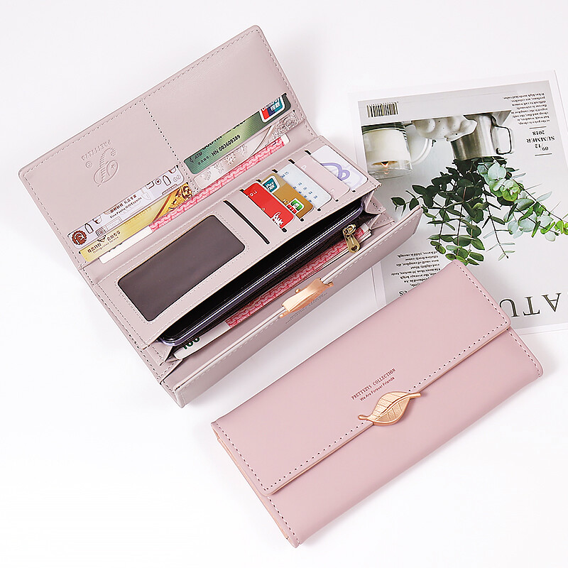 Suvine uus võrkpunane naiste pikk rahakott Jaapani ja Lõuna-Korea väike värske isikupära riistvara lehtpandlaga käekott 3 korda pikk wa