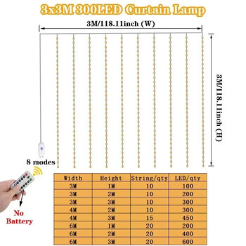 Νεράιδα LED String Light Γιρλάντα USB Remote Curtain Χριστουγεννιάτικα Φωτάκια για Πρωτοχρονιά Διακόσμηση Γάμου Κρεβατοκάμαρας 6M 4M 3M