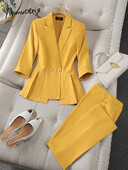 Yitimuceng női öltönyök irodai szettek 2023 divatos, hosszú ujjú lehajtható gallérral, egysoros felsők Vintage tömör, vékony nadrág szett