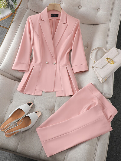 Yitimuceng női öltönyök irodai szettek 2023 divatos, hosszú ujjú lehajtható gallérral, egysoros felsők Vintage tömör, vékony nadrág szett
