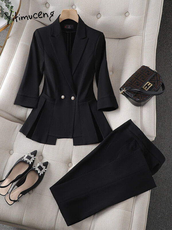Yitimuceng női öltönyök irodai szettek 2023 divatos, hosszú ujjú lehajtható gallérral, egysoros felsők Vintage tömör, vékony nadrág szett