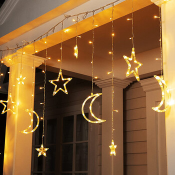 3,5M Warm White Moon Stars Φωτάκια κουρτίνας String LED Light 8 Mode Αδιάβροχο για Διακόσμηση Γάμου Σπίτι Δωματίου