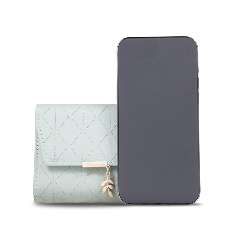 Portofel scurt pentru femei Japonia și Coreea de Sud Mic, proaspăt PVC, Feronerie pliabilă simplă, pandantiv cu frunze, geantă în trei ori.