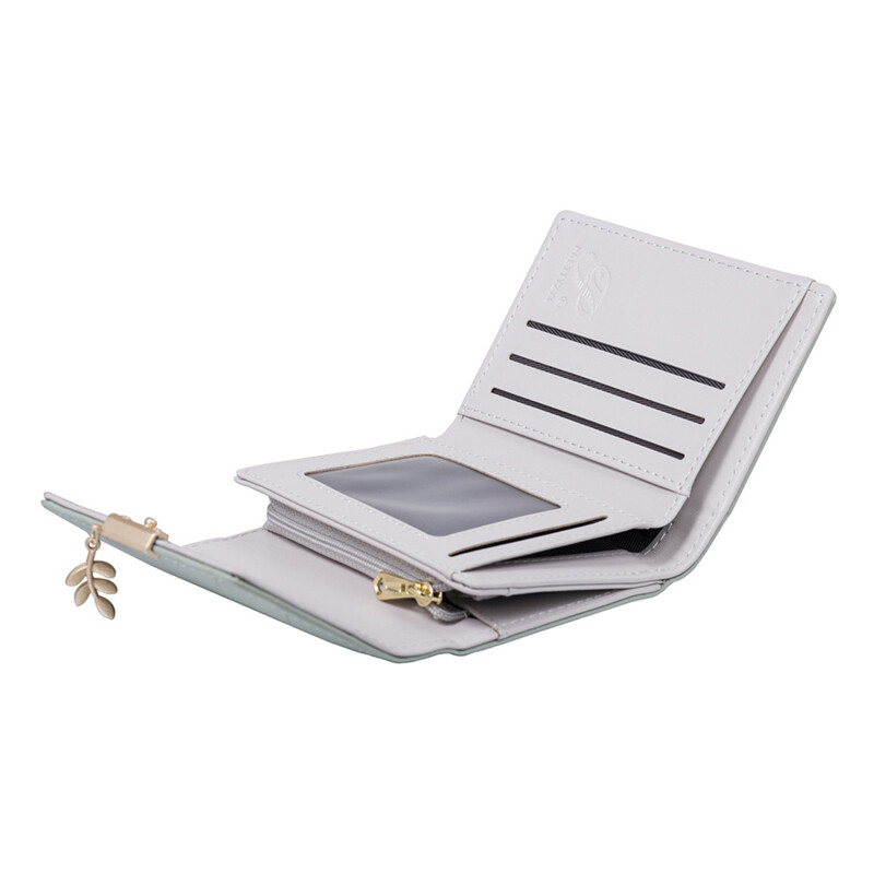 Portofel scurt pentru femei Japonia și Coreea de Sud Mic, proaspăt PVC, Feronerie pliabilă simplă, pandantiv cu frunze, geantă în trei ori.