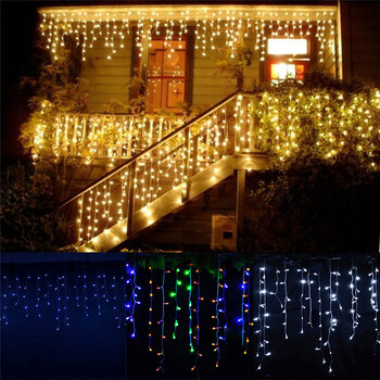 LED завеса Icicle String Light 220V 5m 96Leds Коледен гирлянд LED Faiy Xmas Party Garden Stage Външна декоративна светлина