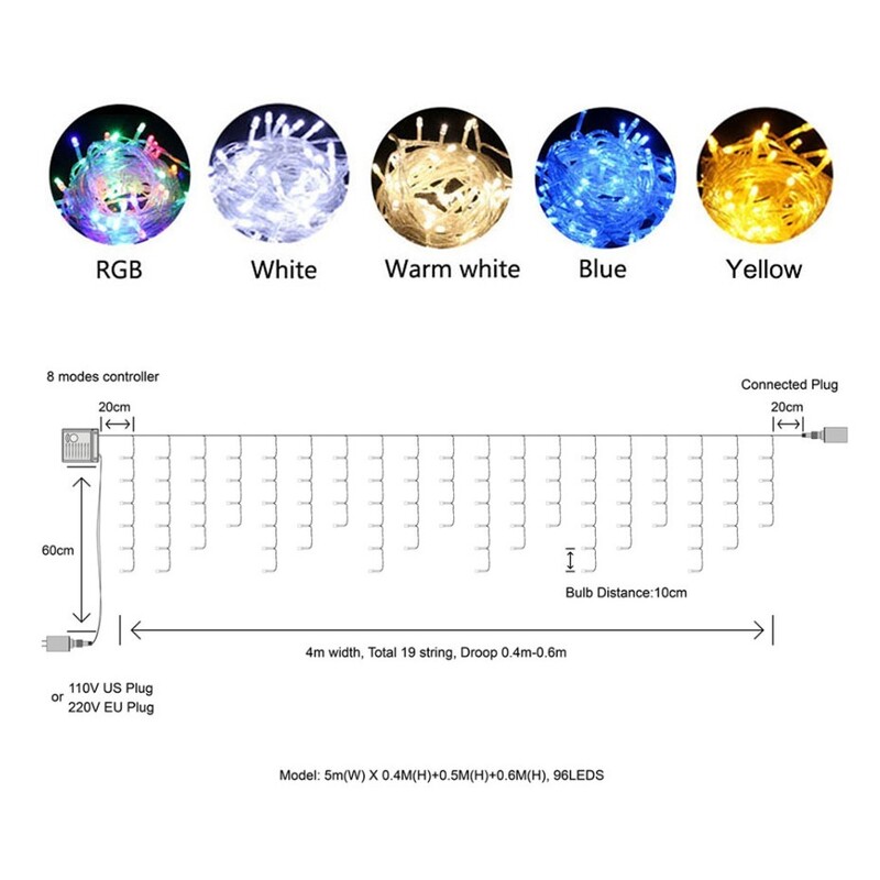 Decoratiuni de Craciun 2023 Lumini LED Impermeabil 5M Drop 0,4-0,6m Ghirțuri în aer liber șiruri de lumini pentru grădină Anul Nou 2024