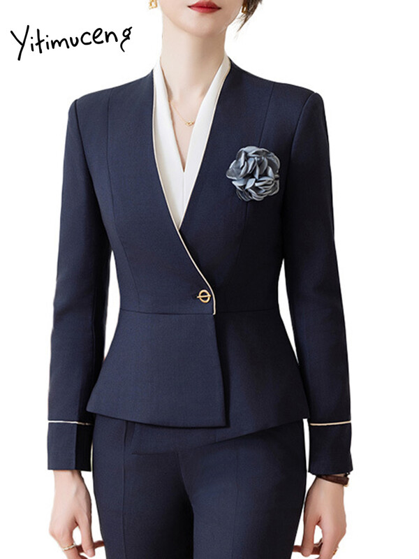 Yitimuceng tanak ženski sako modni 2024. novi sako dugih rukava s V izrezom s jednim gumbom Uredski ženski jednobojni nepravilni šik sako