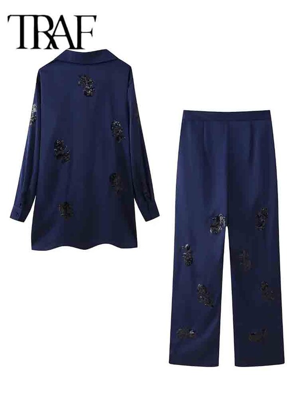 TRAF flitteres nadrág szettek nőknek 2 részes 2024 új divat szatén kimonó kabát női öltöny elegáns kétrészes szett női ruha