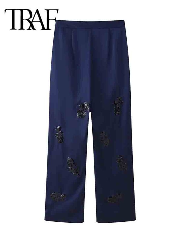 TRAF flitteres nadrág szettek nőknek 2 részes 2024 új divat szatén kimonó kabát női öltöny elegáns kétrészes szett női ruha