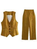 Willshela Set două piese la modă pentru femei, maiouri kaki și pantaloni cu picioare drepte, epocă, cu decolteu în V, costum de pantaloni șic pentru femei, la un singur sân