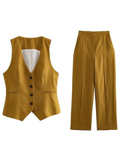 Willshela Set două piese la modă pentru femei, maiouri kaki și pantaloni cu picioare drepte, epocă, cu decolteu în V, costum de pantaloni șic pentru femei, la un singur sân