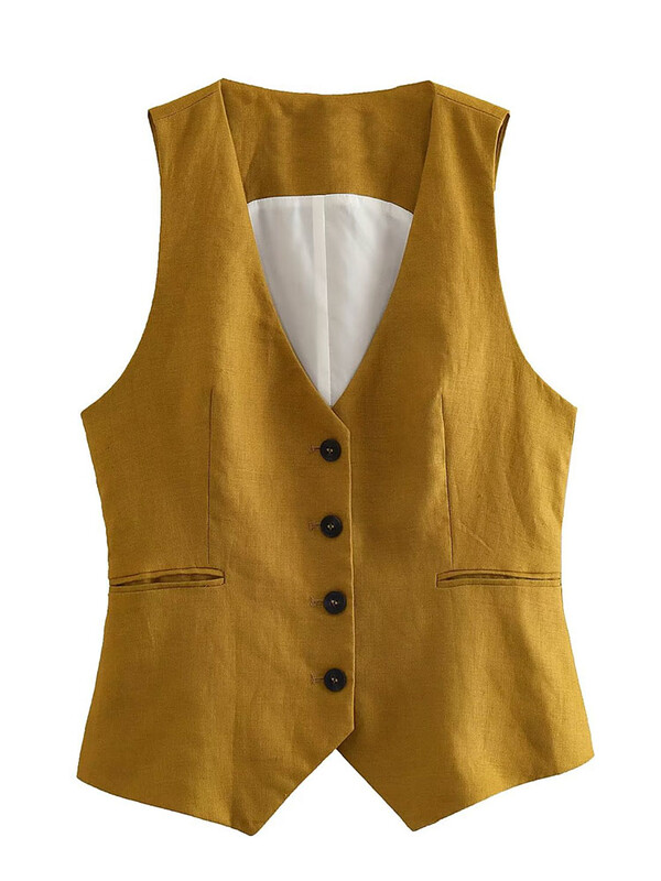 Willshela Set două piese la modă pentru femei, maiouri kaki și pantaloni cu picioare drepte, epocă, cu decolteu în V, costum de pantaloni șic pentru femei, la un singur sân