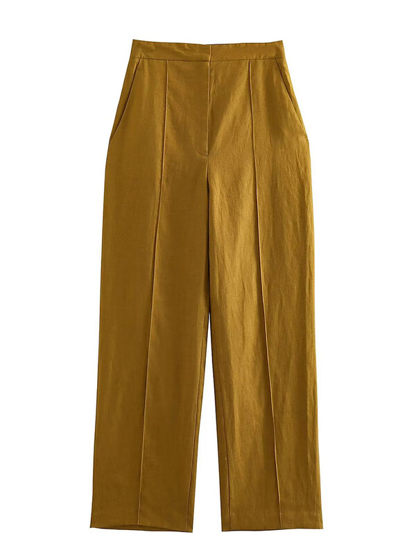 Willshela Set două piese la modă pentru femei, maiouri kaki și pantaloni cu picioare drepte, epocă, cu decolteu în V, costum de pantaloni șic pentru femei, la un singur sân