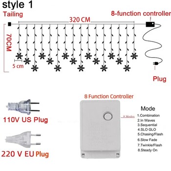 Χριστουγεννιάτικο Φωτιστικό 3,2M Led Snowflake Κουρτίνα Icicle Fairy String Lights Outdoor Garland for Home Party Party Κήπος Διακόσμηση Πρωτοχρονιάς