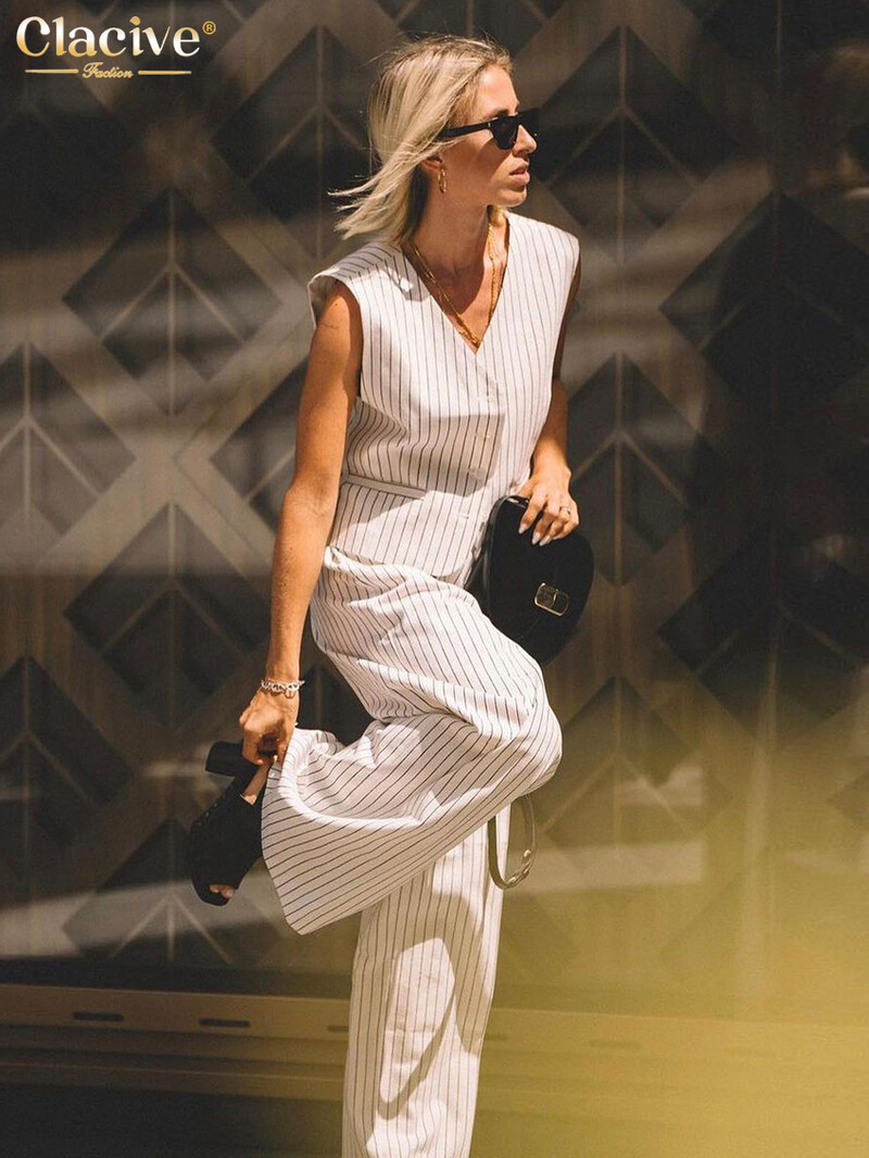 Clacive Fashion Loose Stripe Print Kelnių rinkiniai Moterims 2 dalių Elegantiškas berankovių apatinis kelnių kostiumas su aukštu juosmeniu