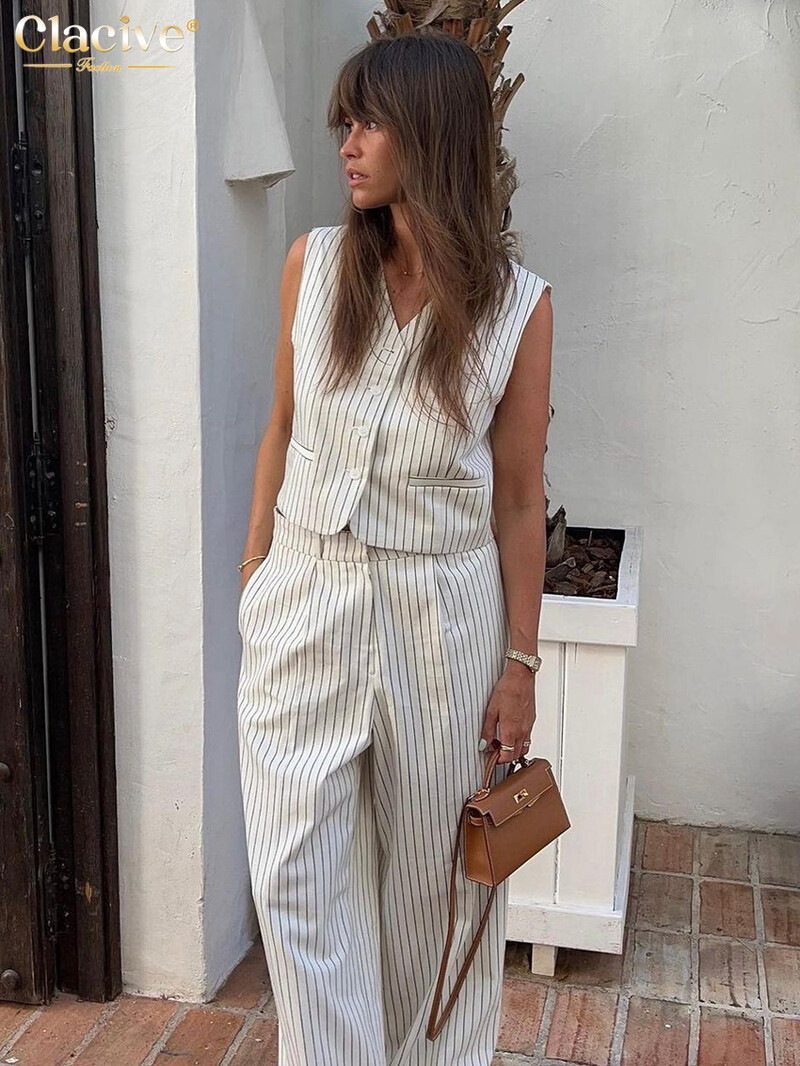 Clacive Fashion Loose Stripe Print Kelnių rinkiniai Moterims 2 dalių Elegantiškas berankovių apatinis kelnių kostiumas su aukštu juosmeniu
