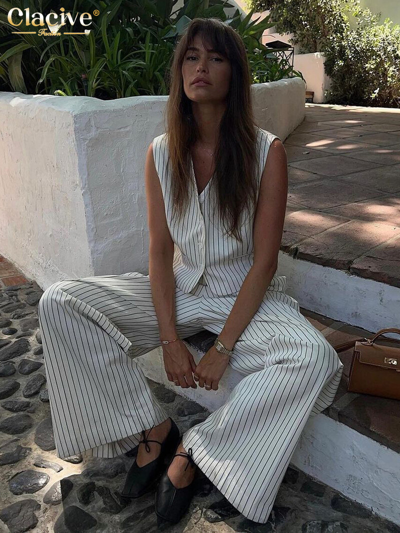 Clacive Fashion Loose Stripe Print Kelnių rinkiniai Moterims 2 dalių Elegantiškas berankovių apatinis kelnių kostiumas su aukštu juosmeniu