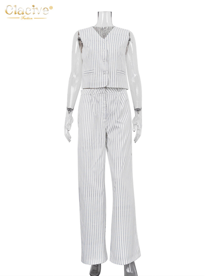 Clacive Fashion Loose Stripe Print Kelnių rinkiniai Moterims 2 dalių Elegantiškas berankovių apatinis kelnių kostiumas su aukštu juosmeniu