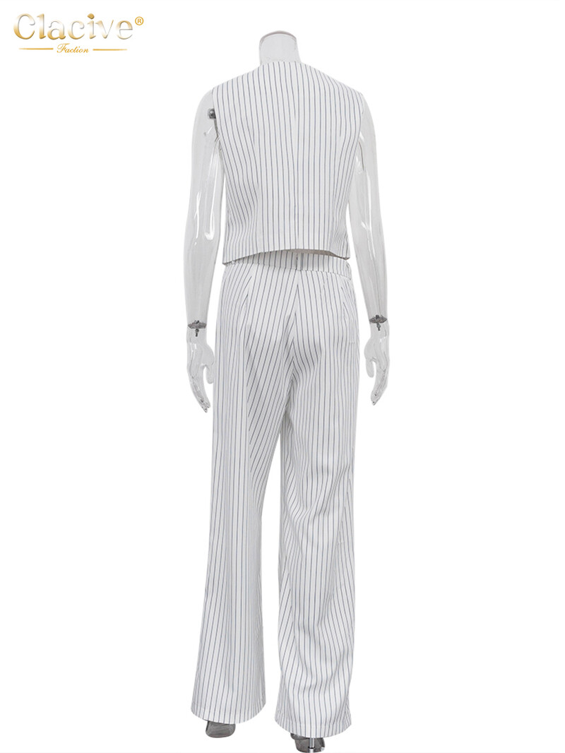 Clacive Fashion Loose Stripe Print Kelnių rinkiniai Moterims 2 dalių Elegantiškas berankovių apatinis kelnių kostiumas su aukštu juosmeniu