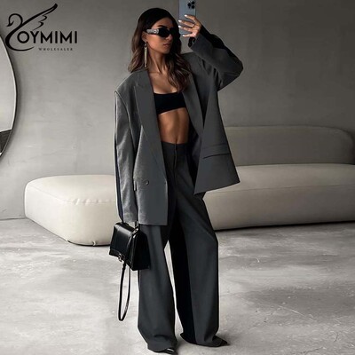 Oymimi elegantni sivi patchwork kompleti od 2 komada Ženska odjeća, modni sakoi s dugim rukavima i kompleti ravnih jednostavnih hlača