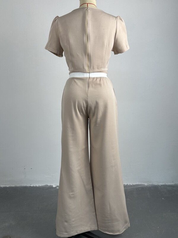 Elegantni ženski jednobojni dvodijelni kompleti 2024. proljeće ljeto novi top s puf rukavima s okruglim izrezom i ležerno odijelo širokih nogavica na vezanje