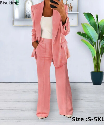 2024 Blazer și pantaloni de damă Seturi de două piese Oversized Solid Versatil Formal Office Mâneci lungi Seturi de pantaloni de costum Ținute pentru femei